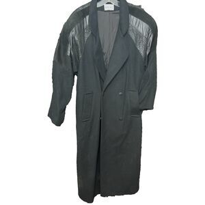 80s - 90s Vintage VTG Trench Black Leather Trim Lined TRENCH Jacket Over Coat